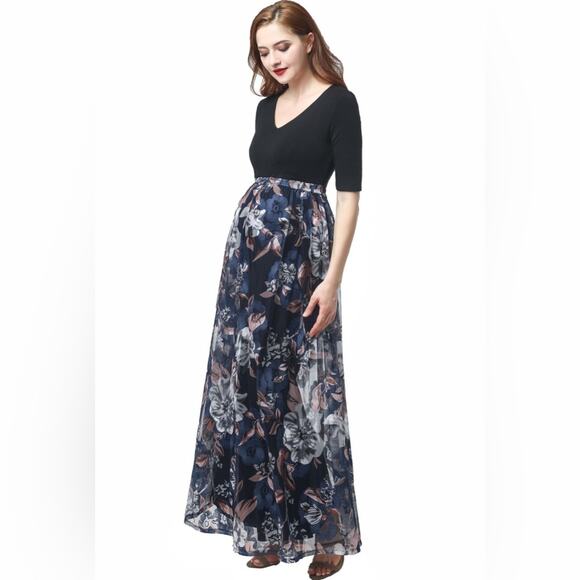 Kimi + Kai Maternity "Annabelle" V-Neck Mesh Print Maxi Dress size Small (b17) - Picture 3 of 6
